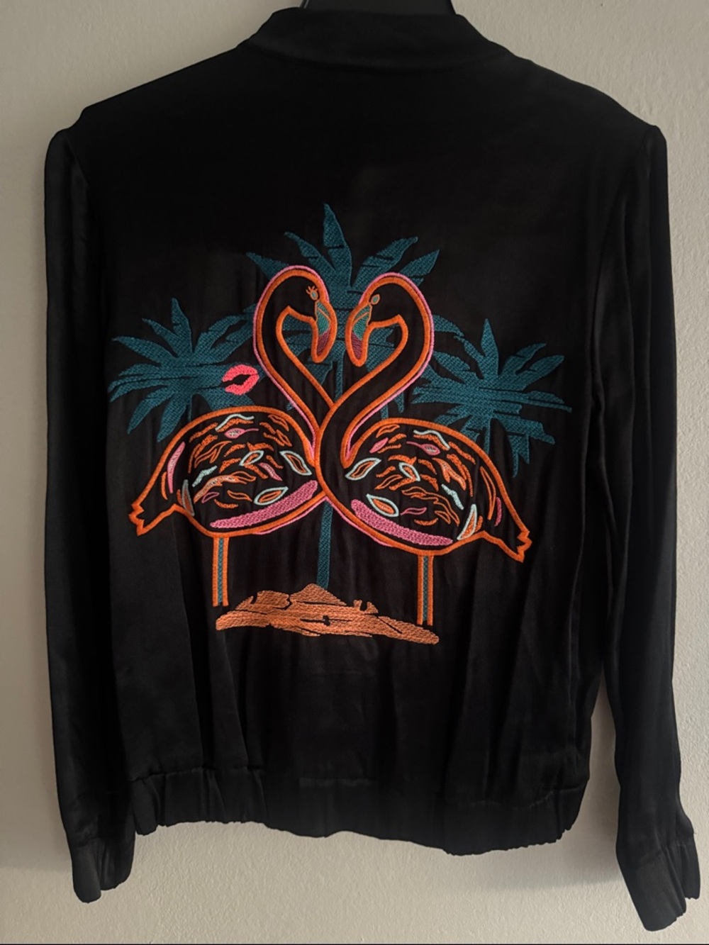 H&M Black Satin-Style Bomber Jacket - Zip Front with flamingo